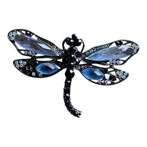 Elegant Dragonfly Brooch with Blue and Black Crystals